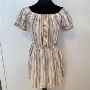 Blush Off-Shoulder Cream Dress with Black Stripes